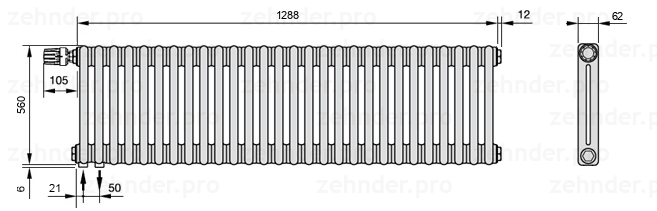 Схема (чертеж) Радиатор Zehnder Charleston 2056/28 №V001 Белый глянцевый RAL 9016